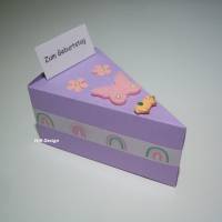 Geldgeschenk-Geburtstag, auf einem Tortenstück dekoriert mit Glücksschweinchen,Schachtel, Schmetterling, Blumen Bild 1