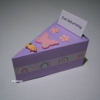 Geldgeschenk-Geburtstag, auf einem Tortenstück dekoriert mit Glücksschweinchen,Schachtel, Schmetterling, Blumen Bild 2