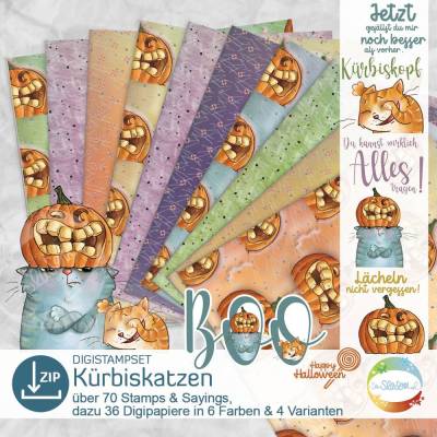 Digistampset Kürbiskatzen, Digistamps und Digipapiere nicht nur zu Halloween, lustige Katzen, Kürbis im Comic-Stil