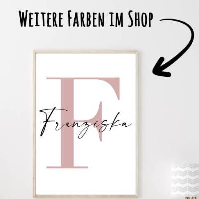 Personalisiertes Namensposter mit Buchstabe Initiale & Vorname Geschenkidee Wandbild mit Name Monogramm Rosa