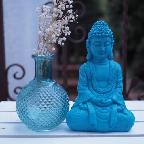 bunter Kunststein Buddha Figur popart 23cm große Garten Beton Deko Zen Statue Buddhismus bunt mint türkis grün