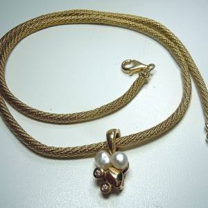 585 Schlangen Collier mit Perlen & Brillant Anhänger in Reben Form um 1930 Bild 4