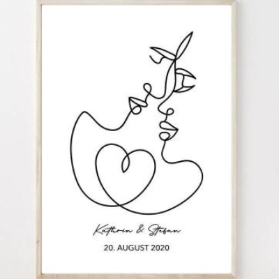 Personalisiertes Paar Poster Linien Kuss | Liebe | Geschenk Sie Ihn | Hochzeit | Geburtstag | Jahrestag | Paar Bild | Ku