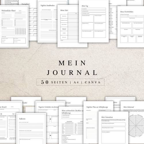 Mein Journal als Canva Version | 50 Tagebuch Canva Vorlagen A4 | Deutsches Journal zum ausdrucken & digital nutzbar | In