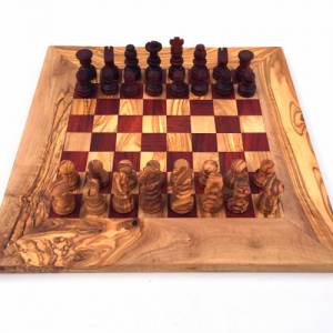 Schachspiel gerade Kante braun/rot, Schachbrett Gr. M inkl. 32 Schachfiguren Handgemacht aus Olivenhoolz, hochwertig, Ge Bild 1