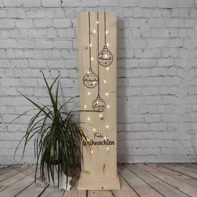 Frohe Weihnachten - Christbaumkugeln mit Name - beleuchteter Holzaufsteller