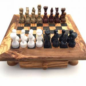 Schachspiel gerade Kante aus Olivenholz Schachtisch Gr. L inkl. 32er Schachfiguren aus Marmor Farbe wählbar Handgemacht Bild 1