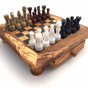 Schachspiel gerade Kante aus Olivenholz Schachtisch Gr. L inkl. 32er Schachfiguren aus Marmor Farbe wählbar Handgemacht Bild 2