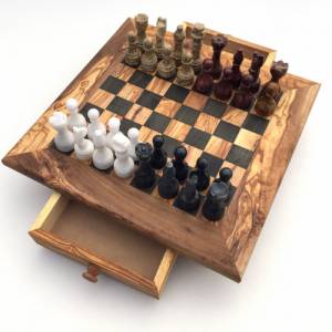 Schachspiel gerade Kante aus Olivenholz Schachtisch Gr. L inkl. 32er Schachfiguren aus Marmor Farbe wählbar Handgemacht Bild 3