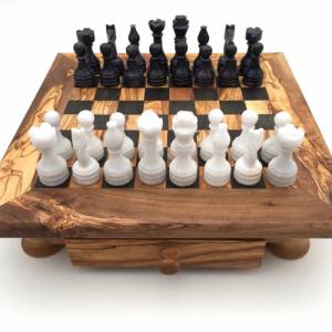 Schachspiel gerade Kante aus Olivenholz Schachtisch Gr. L inkl. 32er Schachfiguren aus Marmor Farbe wählbar Handgemacht Bild 4