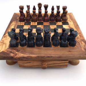 Schachspiel gerade Kante aus Olivenholz Schachtisch Gr. L inkl. 32er Schachfiguren aus Marmor Farbe wählbar Handgemacht Bild 5