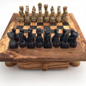 Schachspiel gerade Kante aus Olivenholz Schachtisch Gr. L inkl. 32er Schachfiguren aus Marmor Farbe wählbar Handgemacht Bild 6