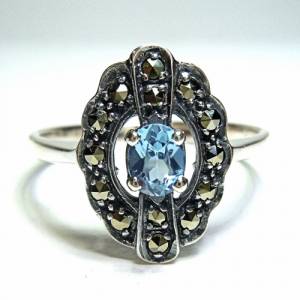 Feiner Silber Jugendstil Ring mit ovalem Aquamarin + Markasiten Bild 1