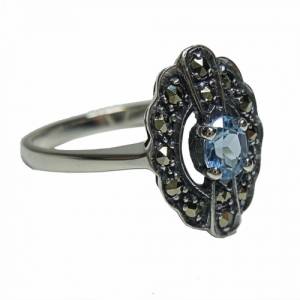 Feiner Silber Jugendstil Ring mit ovalem Aquamarin + Markasiten Bild 2
