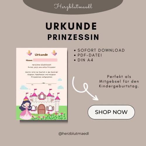 Urkunde Prinzessin | Prinzessinnenparty | Prinzessin Urkunden A4 | Urkunden ausdrucken | Kindergeburtstag | Mitgebsel Ki