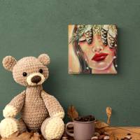 Mini Acrylgemälde "Tannenzapfenmädchen" - Winterportrait auf Leinwand (20x20 cm) Bild 2