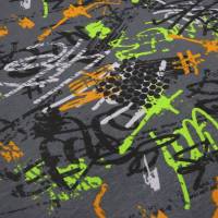 Stoff Baumwolle Jersey Graffiti Design grau orange neongrün weiß schwarz Kleiderstoff Kinderstoff Bild 1