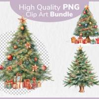 Geschmückter Weihnachtsbaum PNG Clipart Bundle - 10 Aquarell Bilder, Transparenter Hintergrund, Weihnachten Dekoration Bild 1