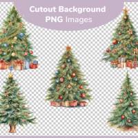 Geschmückter Weihnachtsbaum PNG Clipart Bundle - 10 Aquarell Bilder, Transparenter Hintergrund, Weihnachten Dekoration Bild 3