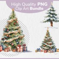 Verschneite Weihnachtsbäume PNG Clipart Bundle - 10 Aquarell Bilder, Transparenter Hintergrund, Weihnachten Dekoration Bild 1