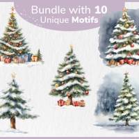 Verschneite Weihnachtsbäume PNG Clipart Bundle - 10 Aquarell Bilder, Transparenter Hintergrund, Weihnachten Dekoration Bild 2