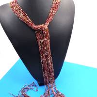 Halskette xxl, Glasperlenkette extralang, gefädelt, rot braun weiß, 160cm, 9 Stränge Bild 1