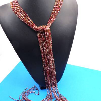 Halskette xxl, Glasperlenkette extralang, gefädelt, rot braun weiß, 160cm, 9 Stränge