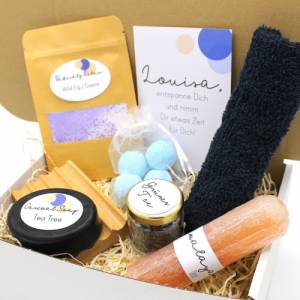 Vegan: Personalisierte Wellnessbox Unisex Geschenkbox Charcoal Seife Dusch Steamer Geschenkidee mit Namen mehrere Düfte Bild 5