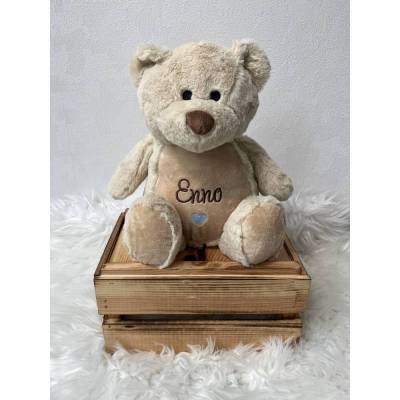 besticktes Kuscheltier Teddybär mit Herz und Namen, Babygeschenk zur Kuscheln, personalisierte Geschenkidee