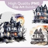 Gruseliges Geisterhaus PNG Clipart Bundle - 10 Aquarell Bilder, Transparenter Hintergrund, Halloween & Party Dekoration Bild 1