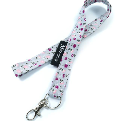 Schlüsselband lang mit Karabiner Stoff grau rosa Blümchen