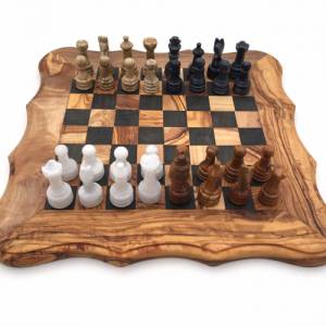 Schachspiel abgerundete Kante Olivenholz Schachbrett Gr. M inkl. 32er  Schachfiguren aus Marmor Farbe wählbar Handemacht Bild 1