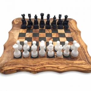 Schachspiel abgerundete Kante Olivenholz Schachbrett Gr. M inkl. 32er  Schachfiguren aus Marmor Farbe wählbar Handemacht Bild 2