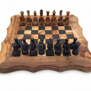 Schachspiel abgerundete Kante Olivenholz Schachbrett Gr. M inkl. 32er  Schachfiguren aus Marmor Farbe wählbar Handemacht Bild 3