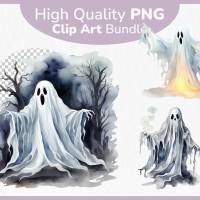 Gruselige Geister PNG Clipart Bundle - 10 Aquarell Bilder, Transparenter Hintergrund, Halloween & Party Dekoration Bild 1