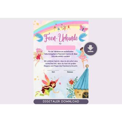 Zauberhafte Urkunde Fee - Perfekt für eine unvergessliche Geburtstagsparty | Feenparty | Mitgebsel Kindergeburtstag | ma