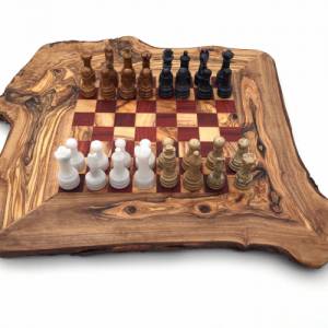 Schachspiel rustikal Olivenholz Schachbrett Gr. M inkl. 32er  Schachfiguren aus Marmor Farbe wählbar Handemacht Bild 1