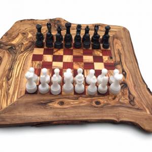 Schachspiel rustikal Olivenholz Schachbrett Gr. M inkl. 32er  Schachfiguren aus Marmor Farbe wählbar Handemacht Bild 2