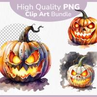 Gruseliger Kürbis PNG Clipart Bundle - 10 Aquarell Bilder, Transparenter Hintergrund, Halloween & Party Dekoration Bild 1