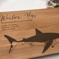 Schneidebrett, Servierbrett, bio, Buche, Weißer Hai mit wissenschaftlichen Details, Holzbrett mit Gravur Bild 2