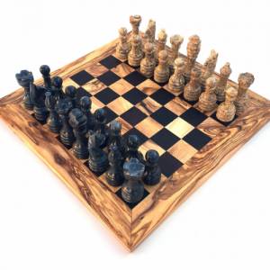 Schachspiel gerade Kante, Schachbrett Größe wählbar inkl. 32 Schachfiguren aus Marmor Handgemacht aus Olivenholz Wenge Bild 2