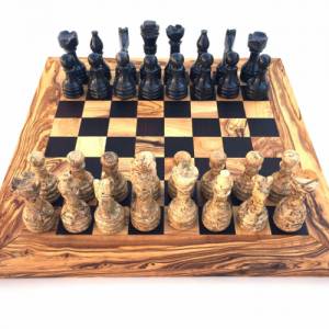 Schachspiel gerade Kante, Schachbrett Größe wählbar inkl. 32 Schachfiguren aus Marmor Handgemacht aus Olivenholz Wenge Bild 3