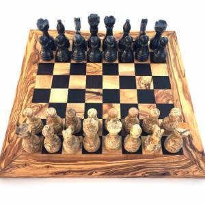 Schachspiel gerade Kante, Schachbrett Größe wählbar inkl. 32 Schachfiguren aus Marmor Handgemacht aus Olivenholz Wenge Bild 4