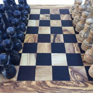 Schachspiel gerade Kante, Schachbrett Größe wählbar inkl. 32 Schachfiguren aus Marmor Handgemacht aus Olivenholz Wenge Bild 7