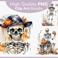 Gruselige Skelette PNG Clipart Bundle - 10 Aquarell Bilder, Transparenter Hintergrund, Halloween & Party Dekoration Bild 1