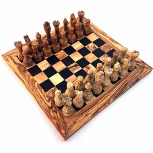 Schachspiel gerade Kante, Schachbrett Große wählbar inkl. 32 Schachfiguren aus Marmor Handgemacht aus Holz Bild 1