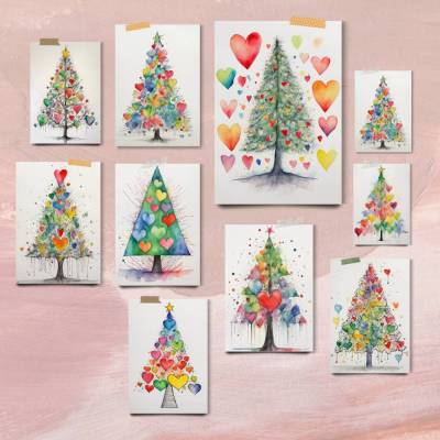 Weihnachtskarten "Weihnachtsbaum & Herzen" | 10 Aquarelle Bundle | Digitaler Download | Selber drucken