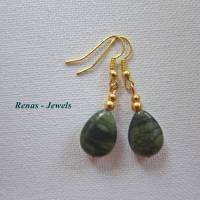 Edelstein Ohrhänger Jaspis Ohrringe Tropfen Perlen Handgefertigt dunkelgrün goldfarben Jaspisohrringe Handgefertigt Bild 5