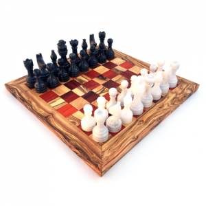 Schachspiel gerade Kante, Schachbrett Größe wählbar inkl. 32 Schachfiguren aus Marmor Handgemacht aus Olivenholz rotes H Bild 1