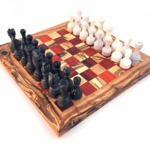 Schachspiel gerade Kante, Schachbrett Größe wählbar inkl. 32 Schachfiguren aus Marmor Handgemacht aus Olivenholz rotes H Bild 2